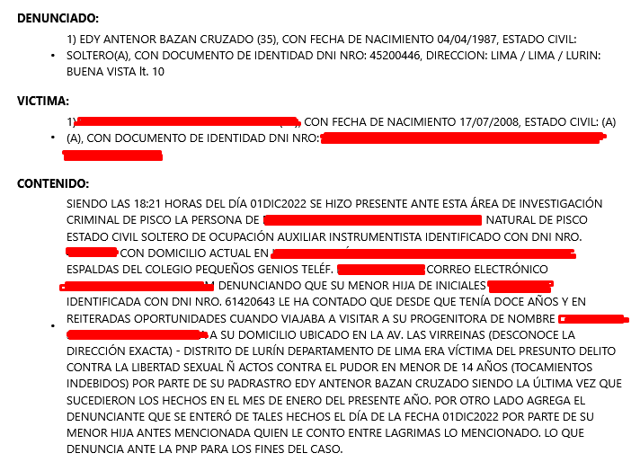 Denuncia policial contra edy antenor bazan cruzado por el delito de abuso se....xual contra menor de edad 