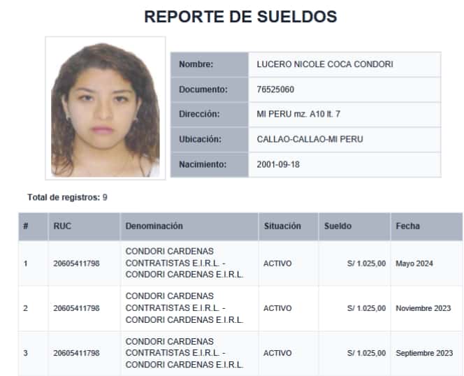 lucero nicole coca condori testaferrro  reporte de sueldo