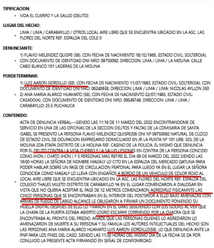 denuncia policial luis aaron gordillo uso de armas de guerra