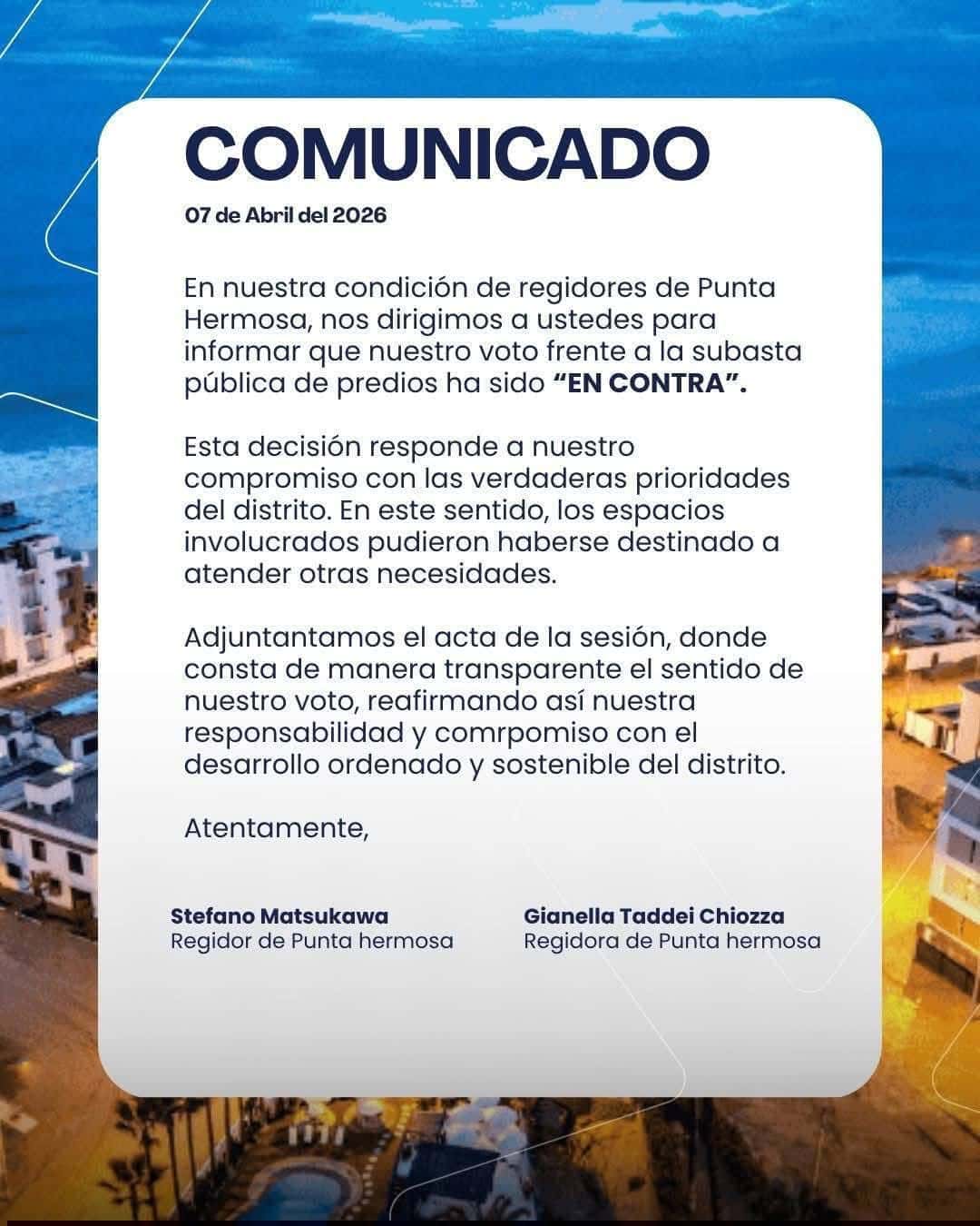 Comunicado de regidores se oponen al remate de lotes de terreno en punta hermosa